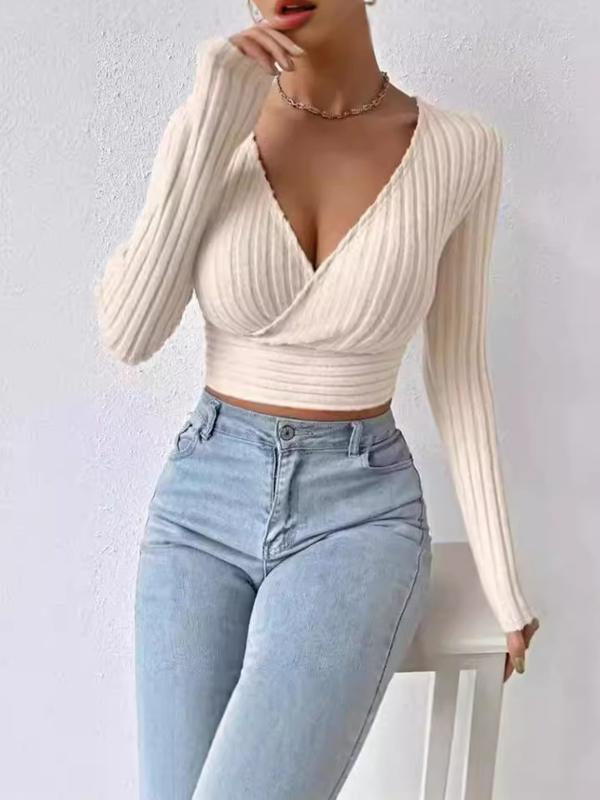 Short Deep V-neck Slim-fit Long Sleeve Knitted Sweater in Apricot & Black for Winter Pullover Style Thick Polyester Plain Design