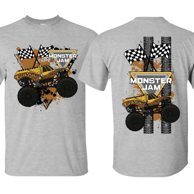 Monster Jam EarthShaker Graphic T-shirt for Men and Boys, Yellow Monster Truck Racing Tee, Cool Mud Splatter Design, White Soft Cotton Unisex Shirt, Trendy Sporty Streetwear Style