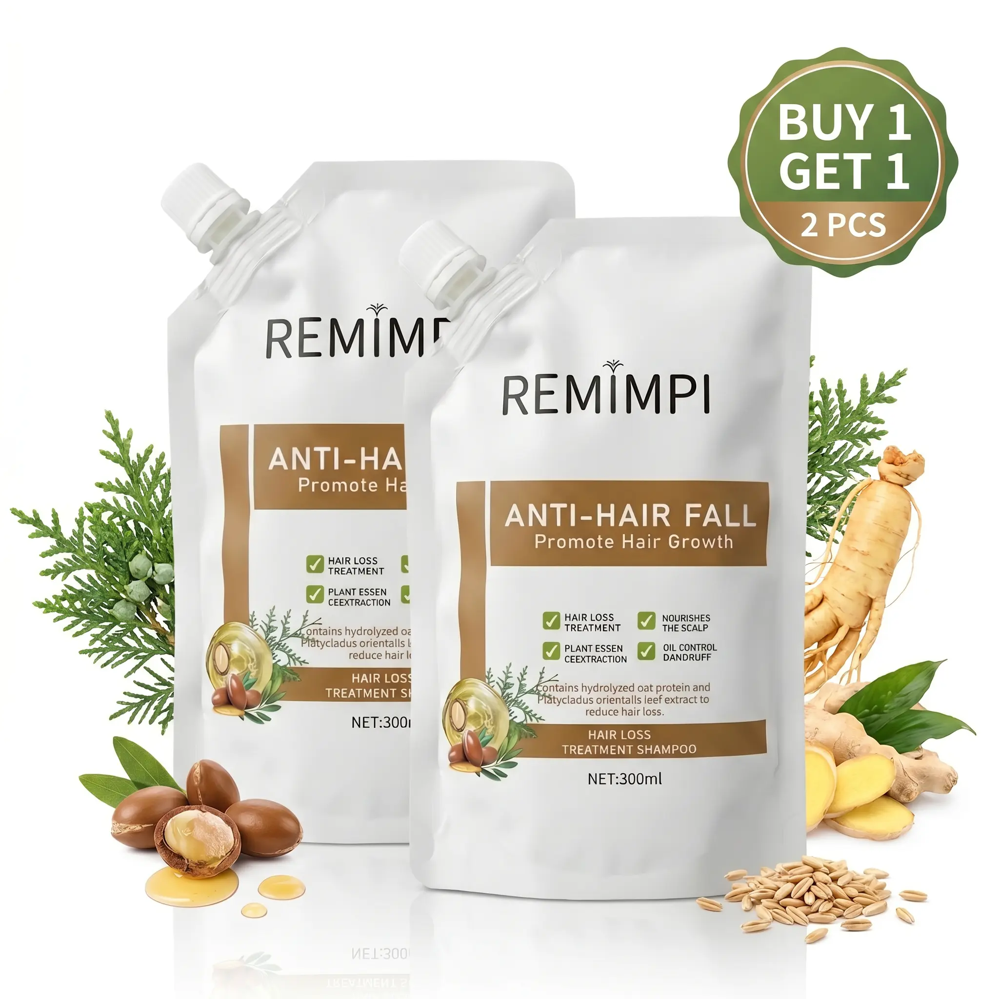 【Buy 1 Get 1 Free】REMIMPI Anti-Hair Fall Hair Loss Treatment Shampoo Oil Control Anti dandruff Haircare Ginseng Ginger Help Hair Growth Jojoba Oat Repair Reduce Hair Loss Scalp Cleanser Conditioner300ML,back to school