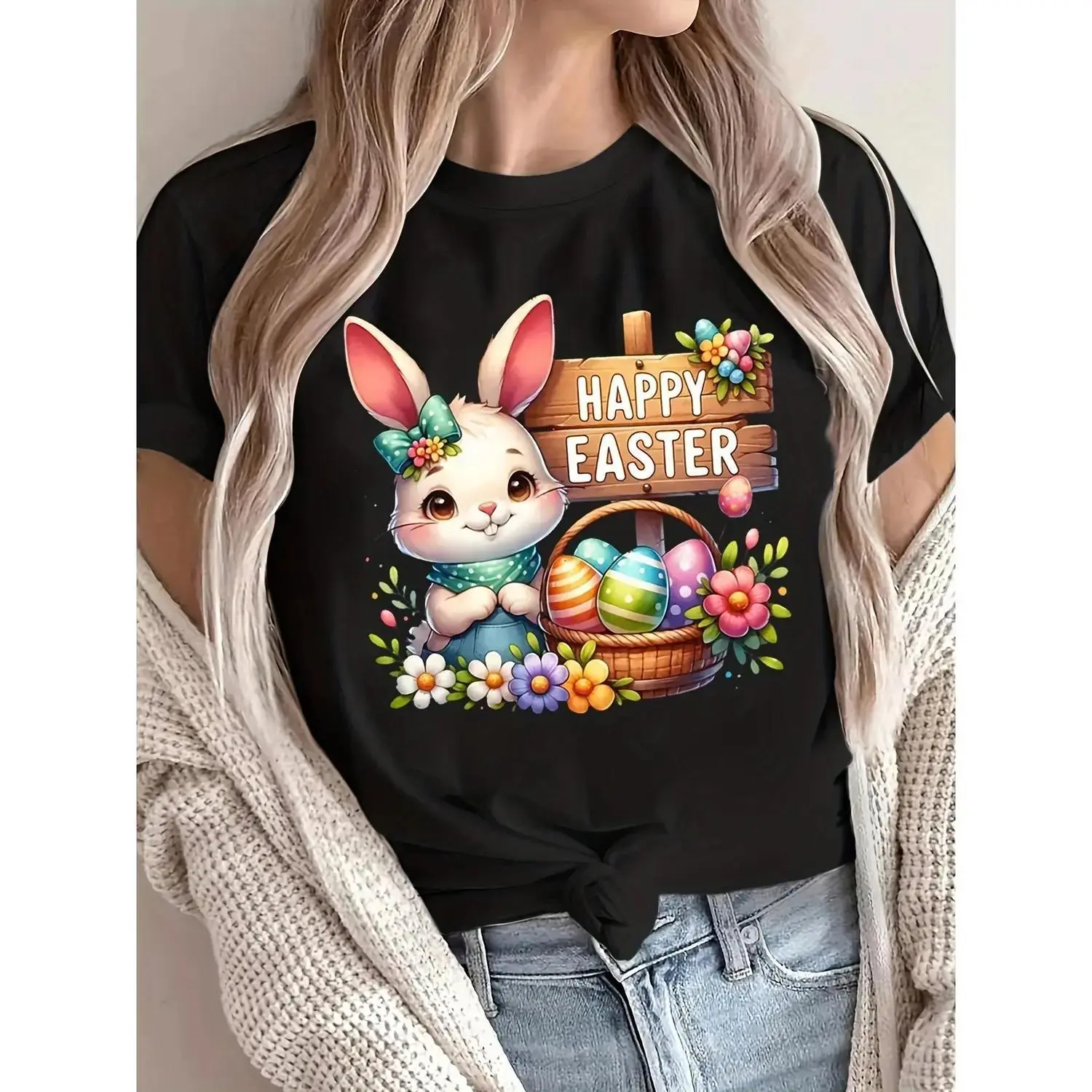 Women's 100% Cotton Printed Easter Bunny Graphic T-Shirt - Cute Rabbit & Egg Design, Short Sleeve, Soft Fabric Apparel, Oversized Everyday Casual Spring/Summer Top, Tshirt