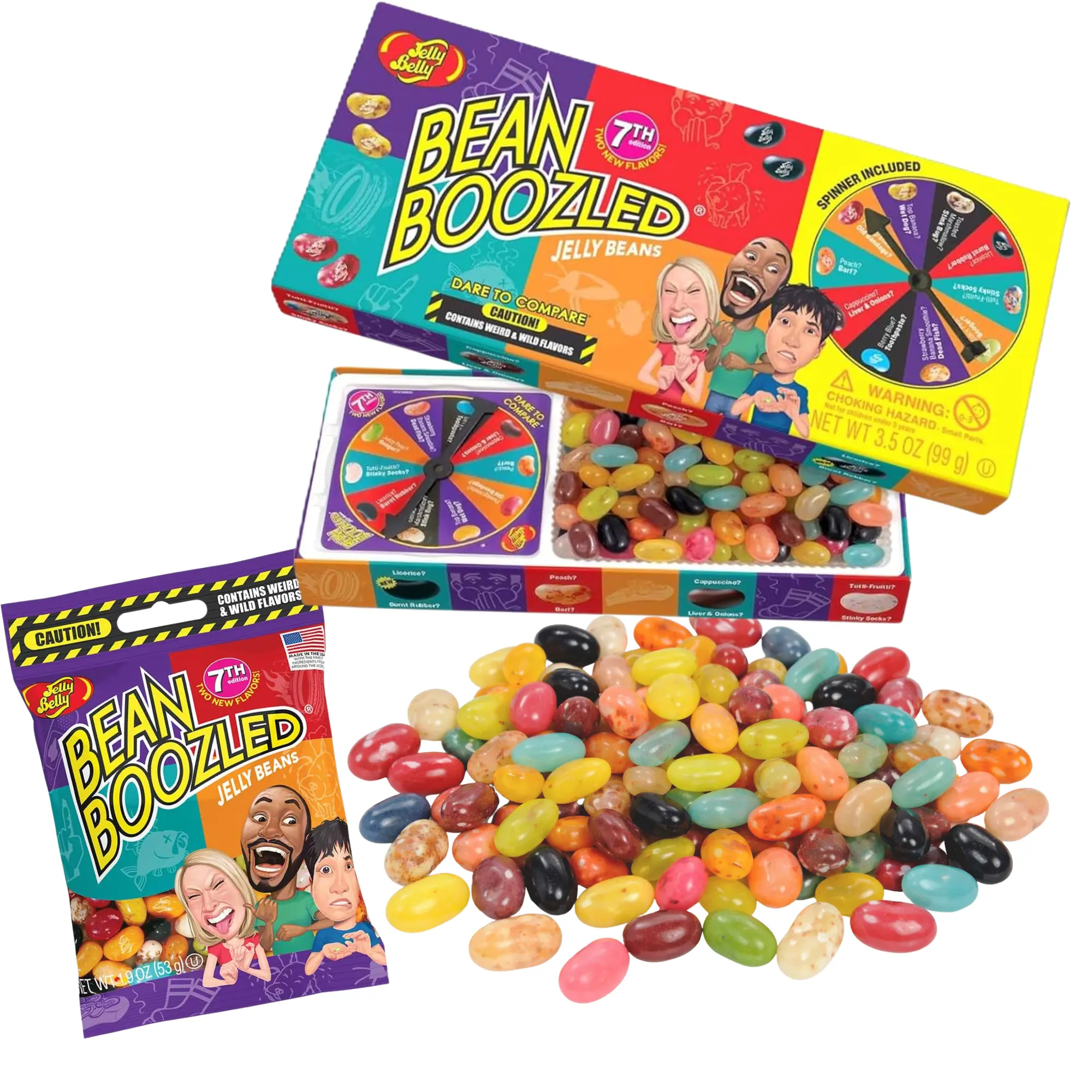 BeanBoozled 7th Edition Mystery Spinner Box Party Game Gag Gift Package - Kosher Sugar Jelly Bean Sweets, Spinner, Refill Bag, Novelty Delicious/Gross Candy, Goodie Bag Filler for Family & Candy Lovers