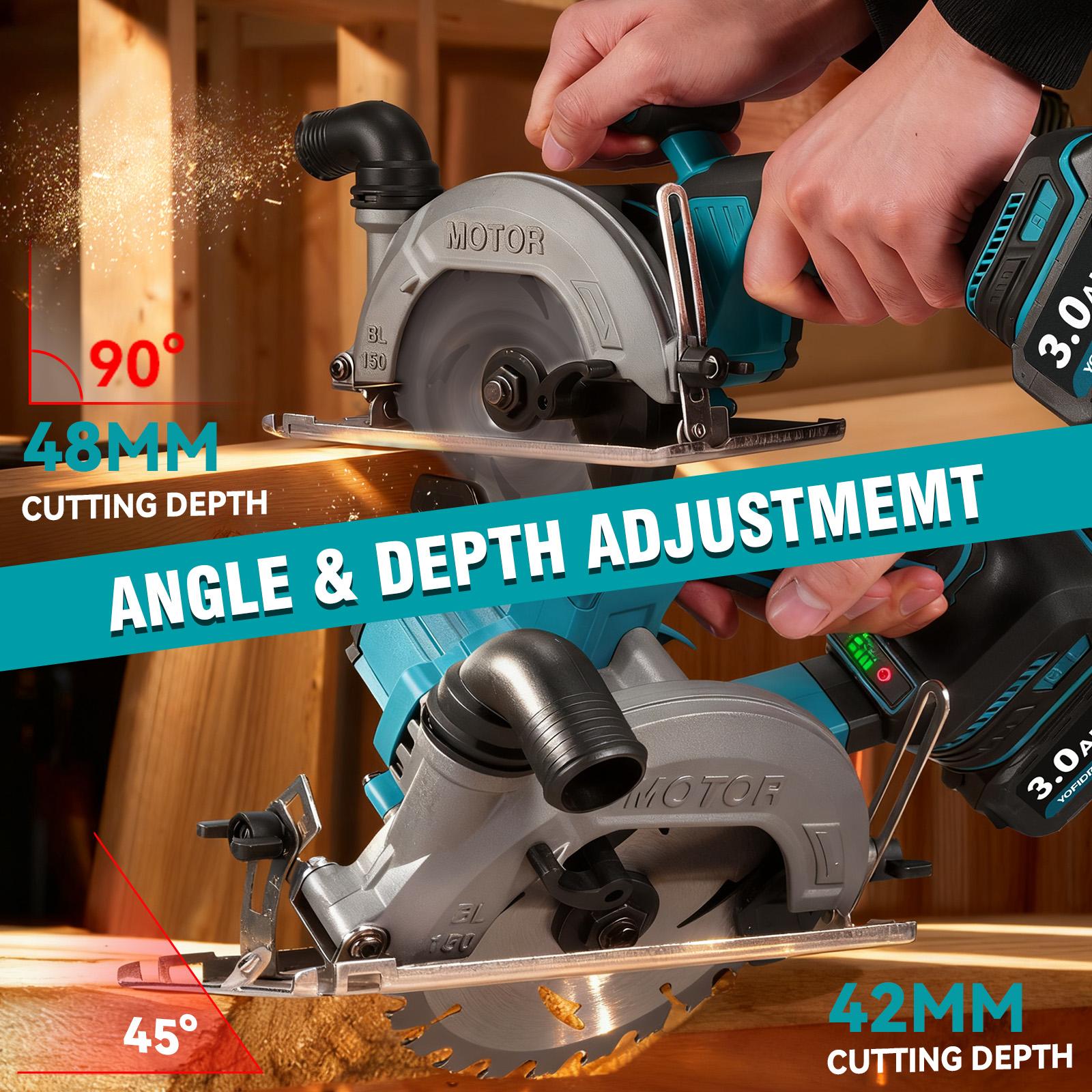 YOFIDRA Cordless Handheld Circular Saw | 48mm Depth/45° Misalignment | Comes with 3 Saw Blades and Dual Batteries | Brushless Motor | Suitable for Wood, Metal, and Stone DIY