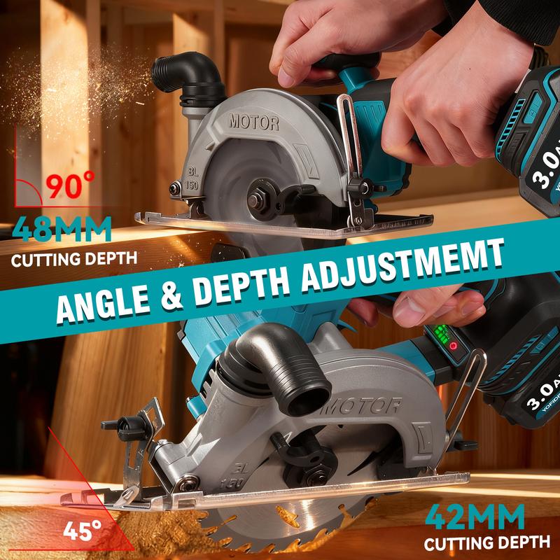 YOFIDRA Cordless Handheld Circular Saw | 48mm Depth/45° Misalignment | Comes with 3 Saw Blades and Dual Batteries | Brushless Motor | Suitable for Wood, Metal, and Stone DIY