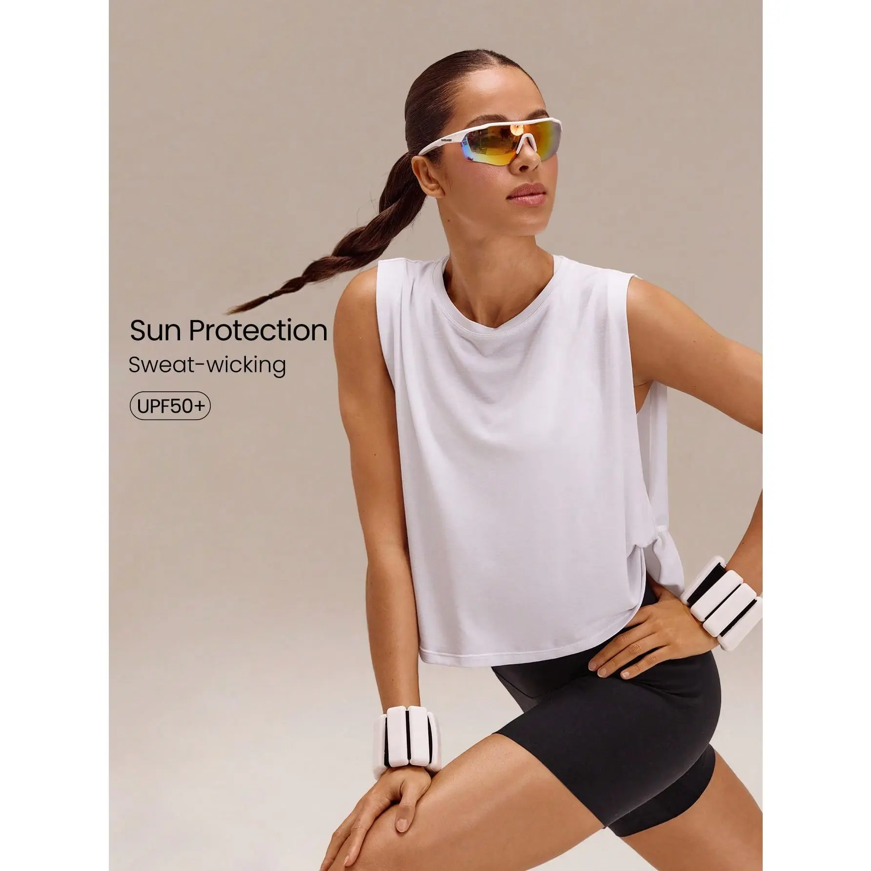 GLOWMODE Sunny Sprints Regular Fit Waist Length Sun-Protective Seamless Twisted Sides Running Muscle Tank Jogging Workout Gym Fitness Active Wear