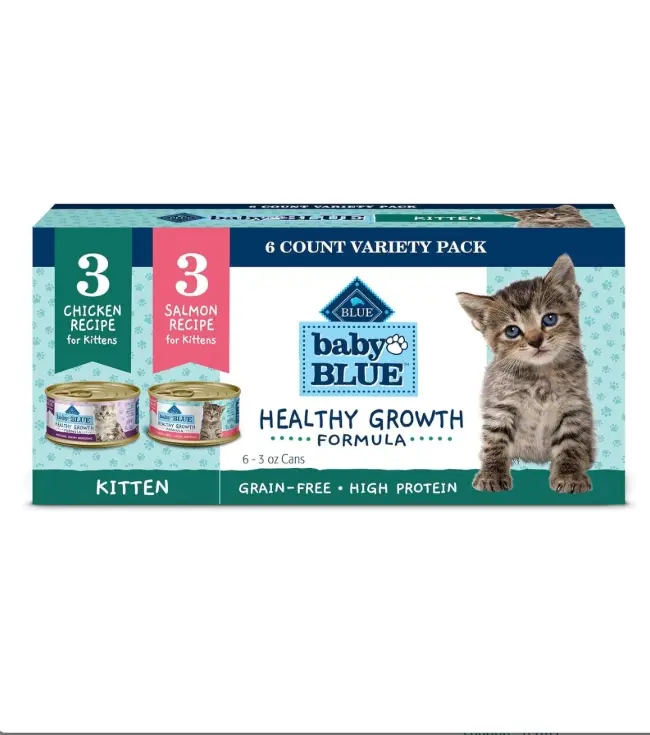 Blue Buffalo Baby Blue Natural Kitten Wet Cat Food Variety Pack 6-3oz Cans High-Protein Grain-Free Chicken & Salmon Recipes Healthy Growth Formula with DHA