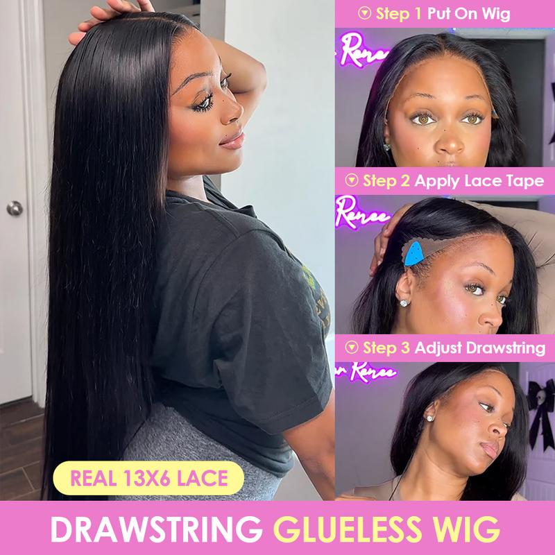 Pizazz Hair 13x6 Glueless Lace Frontal Wig Ear To Ear HD Transparent Lace Melted Skin Well Straight Human Hair Wigs With Drawstring , Pre Bleached , Pre Cut ,Pre Plucked Human Hair For Women