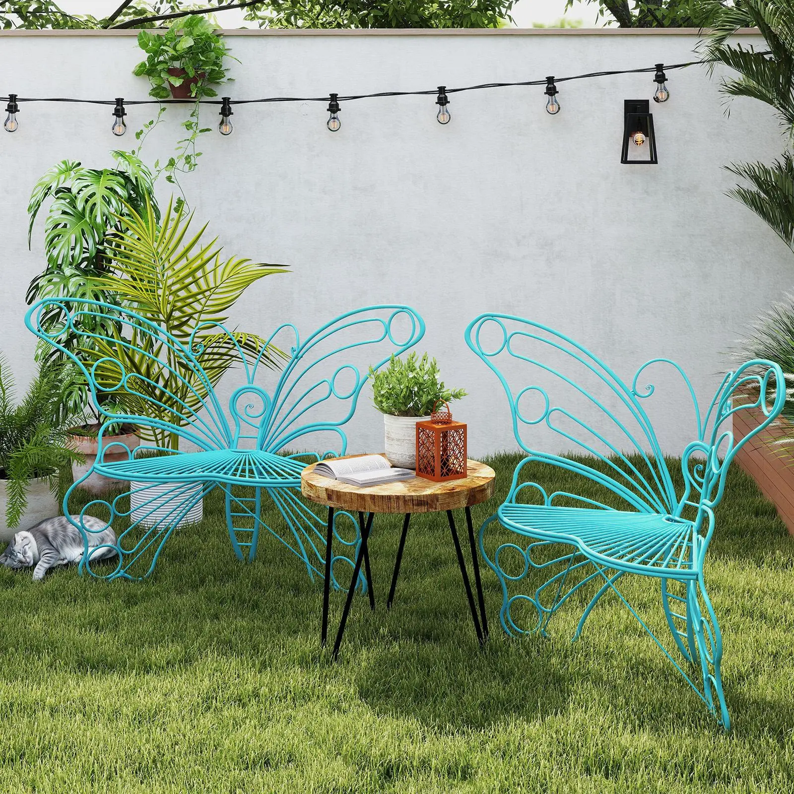 50 Inches Outdoor Bench, Garden Bench with Sturdy Iron Metal Frame, Pretty Butterfly Bench Front Porch Bench for Porch, Lawn, Garden, Yard, Patio, Backyard, Balcony, Heavy Duty Weather Resistant Anti-Rust Outside Seating Furniture sohochic