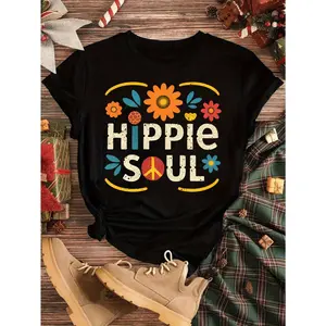 "180 g 1pc bold style| HIPPIE SOUL WOMEN'S T-SHIRT- COLORFUL FLORALS WITH PEACE LOGO PATTERN, CASUAL SHORT-SLEEVED CREW NECK, HIPPIE OUTFIT "
