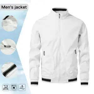 Menswear Vintage Retro Striped Trim Bomber Coat, Classic Tops with Functional Zip Pocket Casual Outerwear