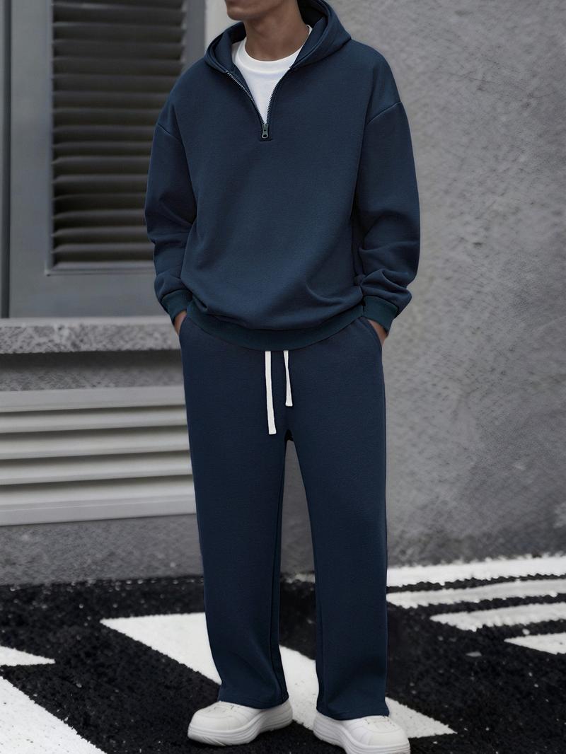 Men's solid color half zipper hooded casual pants two-piece set super soft, breathable, lightweight pullover sweatshirt with adjustable drawstring cap, large pocket, loose fit, daily leisure travel, morning walk, outdoor errand, long sleeved