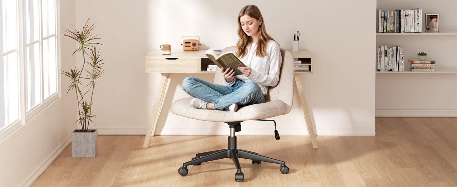 Walsunny Criss Cross Chair with Wheels Comfy Cross Legged Office Desk Armless Wide Vanity Makeup Chair Adjustable Rolling Computer for Home Office Fabric
