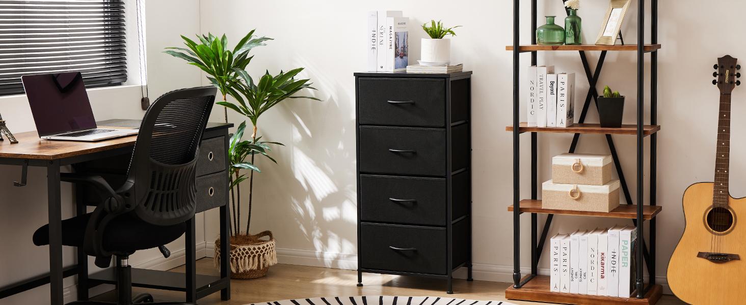 Dresser for Bedroom, Storage Drawers, Skinny Fabric Storage Tower with 4 Drawers, Tower Organizer Unit, Chest of Drawers with Wooden Top