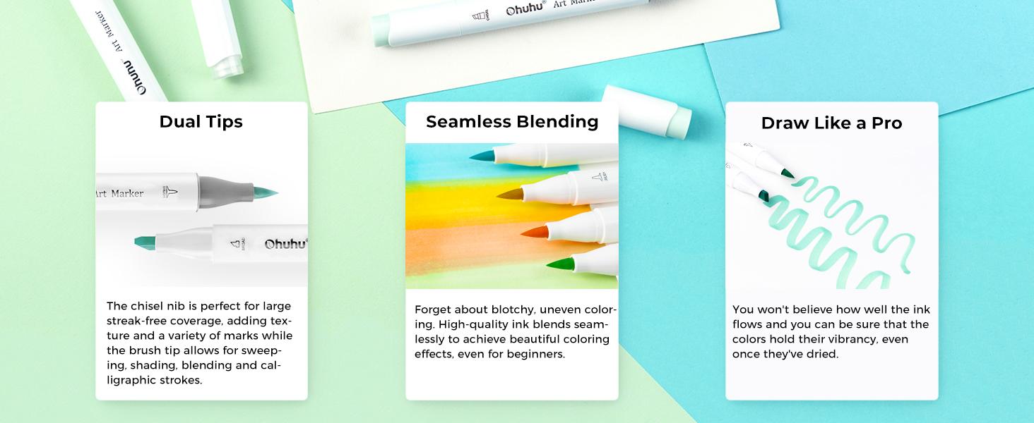 Ohuhu Honolulu Brush Markers: 48 Pastel Colors Double Tipped Art Marker for Artist Coloring Illustrations-Brush&Chisel/Fine -Refillable Ink-Blossoming
