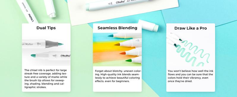 Ohuhu Honolulu Brush Markers: 48 Pastel Colors Double Tipped Art Marker for Artist Coloring Illustrations-Brush&Chisel/Fine -Refillable Ink-Blossoming