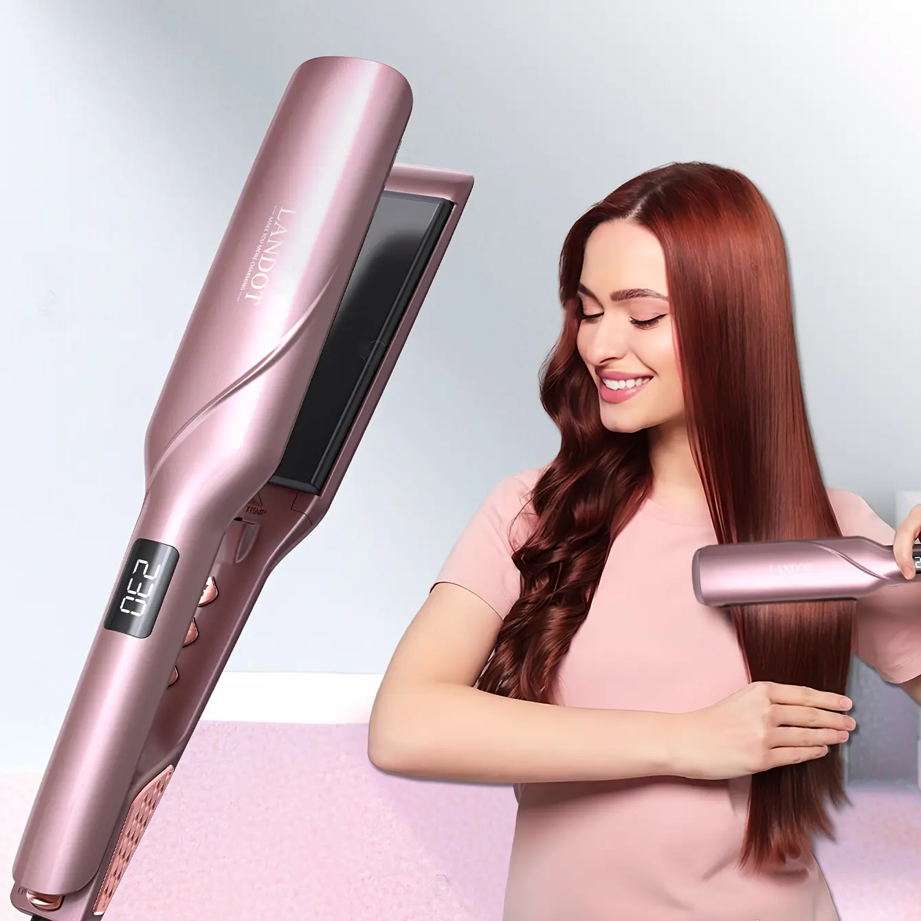 LANDOT 1.75" Wide Plastic Cord-Powered Ceramic Flat Iron - Portable Hair Straightener, Professional Styling Tool with Pin-Straight Fast Results, Smooth Shine, Dual Voltage, 250-450℉ All-Hair Heat Range, Travel-Friendly