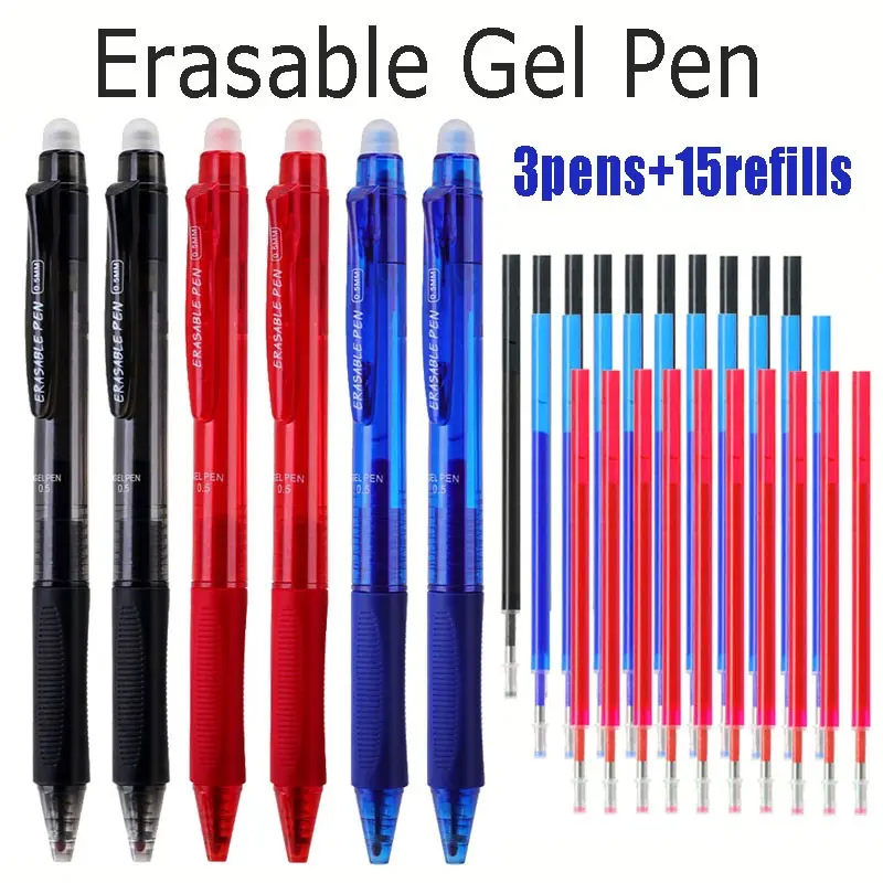 18pcs/set 0.5mm Erasable Gel Neutral Pen with Replacement Refill, Pens with Eraser, Easy To Erase Errors, Comfortable Grip, Stationery for The Beginning of School Season, Fine Writing Tool, Smooth Writing Pens, Reusable Pen (3pens+15refills)