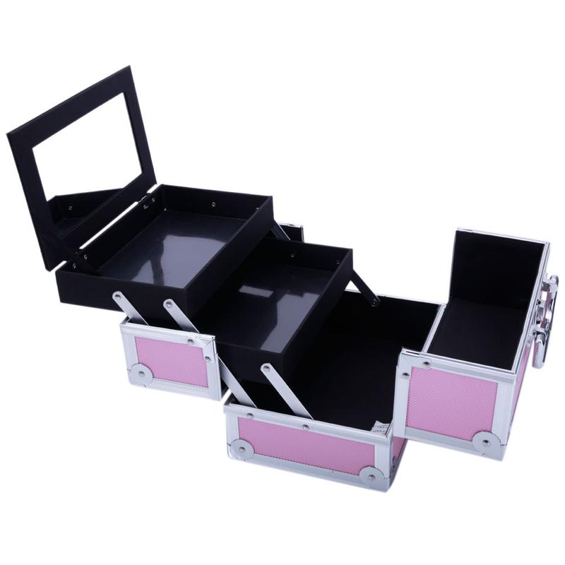 Portable top Double open aluminum alloy pink cosmetic case with mirror