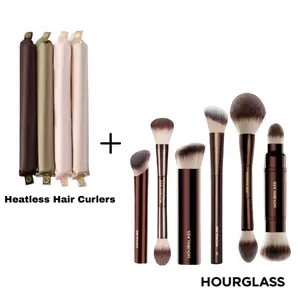 6pcs Hourglass Makeup Brushes + 4pcs No-Heat Satin Curling Rods – Travel-Friendly, Soft & Heatless Hair Curls for Women, Perfect Beauty Set