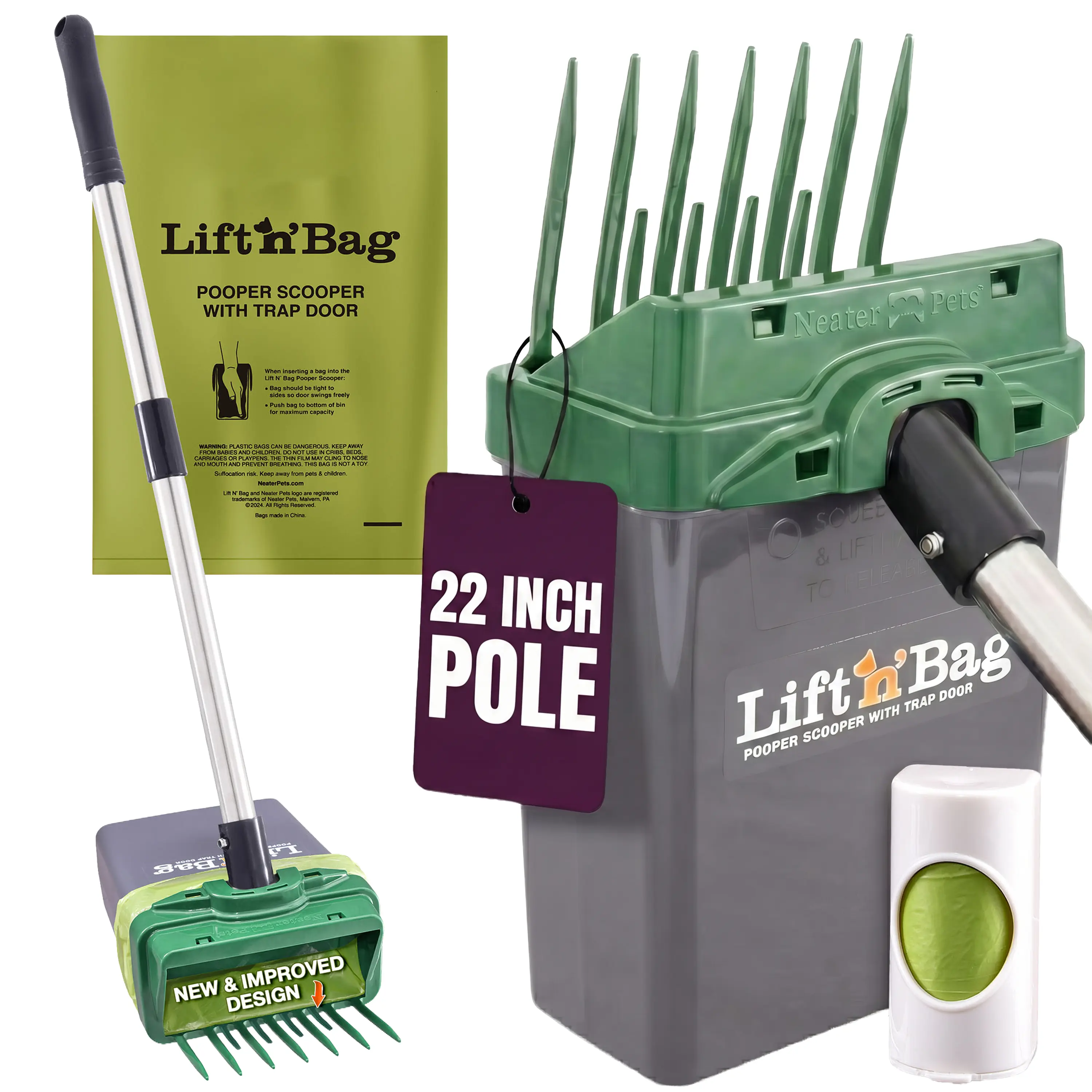 Neater Pets Lift N' Bag Dog Pooper Scooper, 22” Pole Version - Scoop-to-Bag Design, One-Handed Operation, Extra-Large Bags, Made in USA