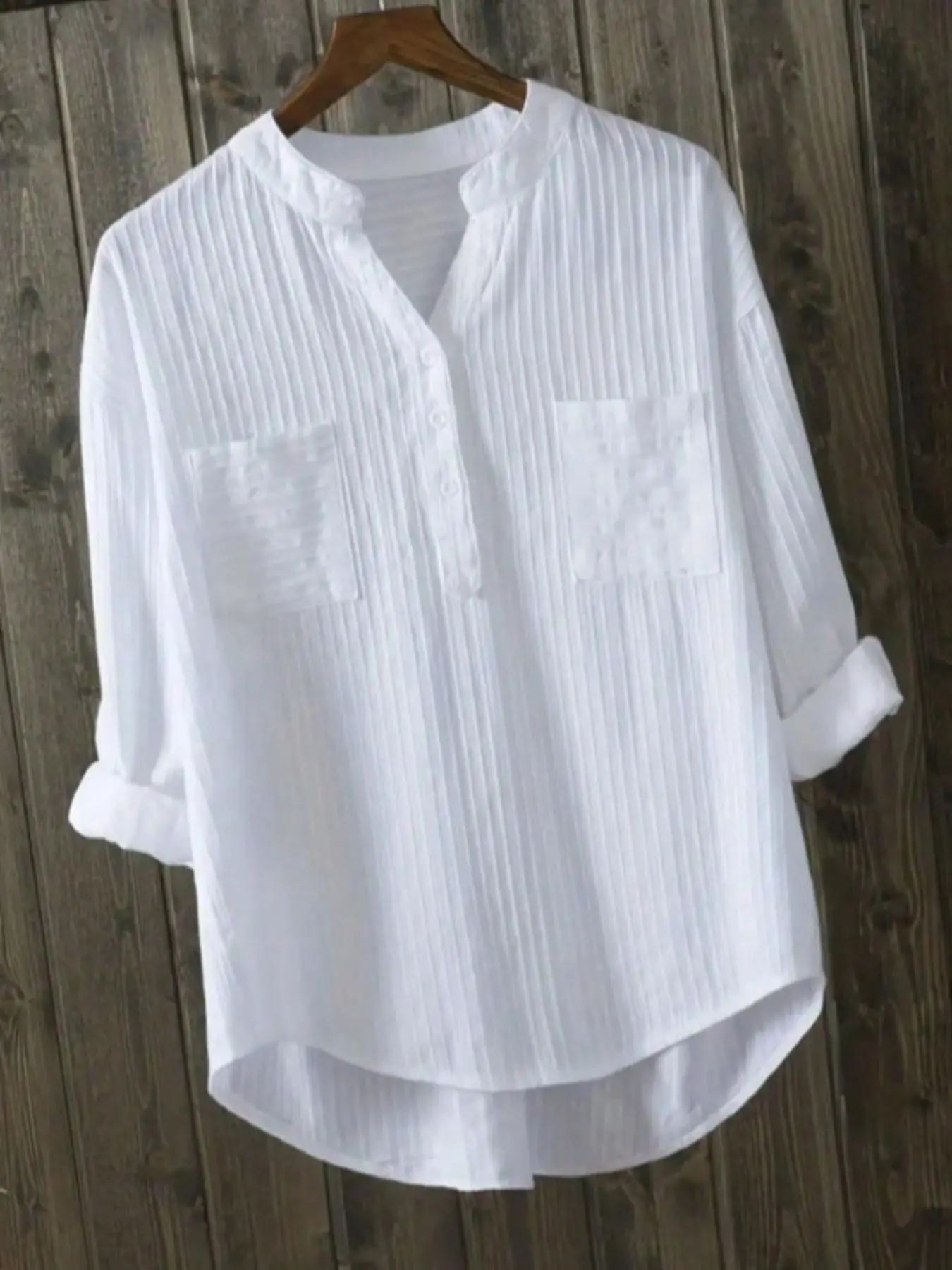 Women's Plain Button-Front High-Low Hem Shirt, Blouse, Button Blouse Shirts, Casual Solid Shirt, Casual Long-Sleeve Notched Neck Top for Daily Wear, Ladies Clothes for All Seasons