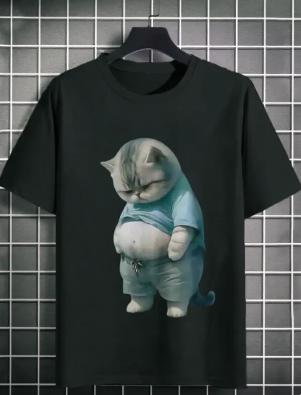 Casual Cotton Graphic T-Shirt with Coquette Kawaii Tubby Cat Print, Lightweight Round Neck Short Sleeve for Women & Men, Shortsleeve, Fabric