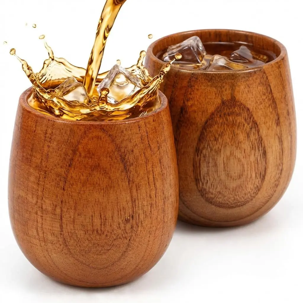 Natural Wood Retro Whiskey Glass Set - 2pc 10 fl oz Smooth Old Fashioned Tumblers, Charred or Uncharred Drinkware, Perfect Anniversary Gift, Ideal Birthday Gift for Men