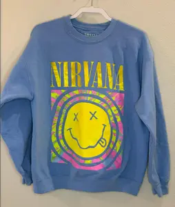 Retro #Nirvana Smile Blue Rainbow Sweatshirt, Urban Outfitters Crewneck, Trendy for teen, Friend Funny, Cartoon Shirt, Band Sweatshirt, Rock Hoodie