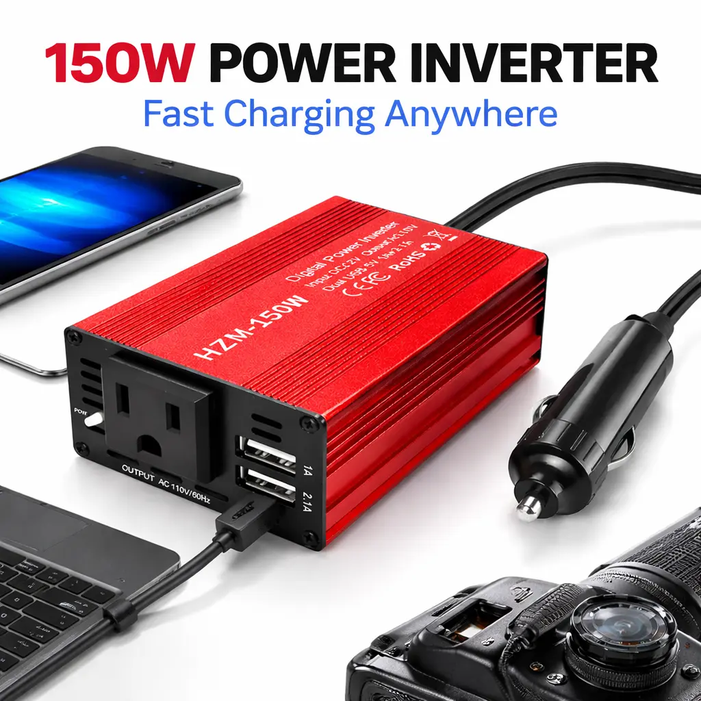 150W Car Power Inverter - 12V DC to 110V AC Converter for Cars, Auto Accessories, Business Trips, Camping, Compact Size, 3.1A Dual USB Charger, 20W Type-C PD3.0 QC3.0 Ports, Metal Housing, 20A Replaceable Fuse, Red
