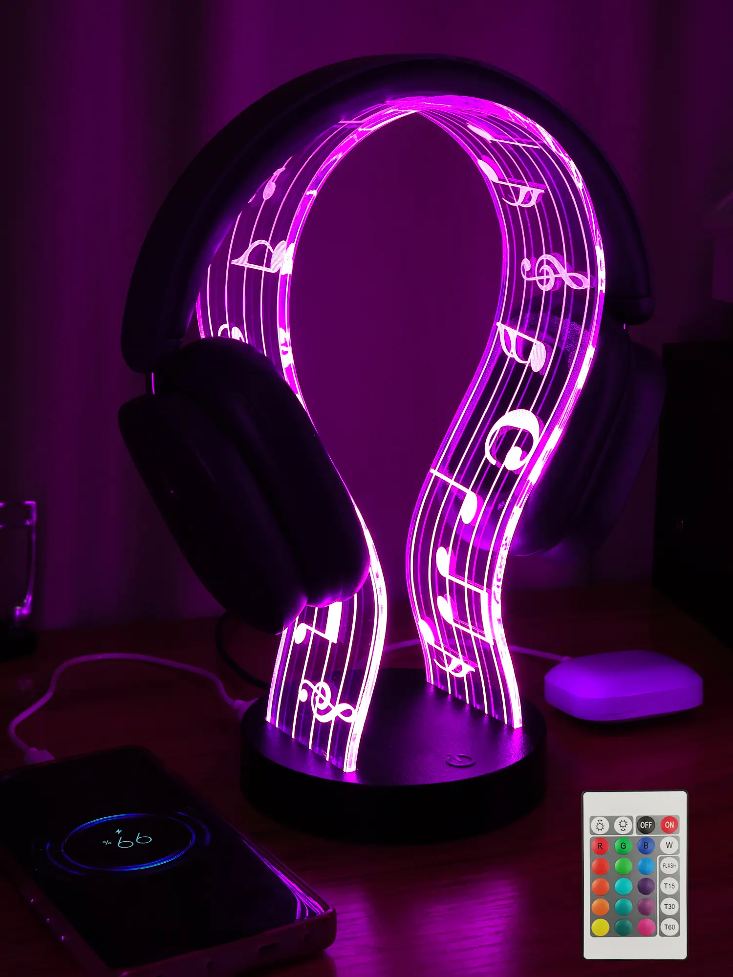 LED Headphone Stand with 16 Color Lights, Acrylic Music Notes Pattern, USB & Type-C Charging Ports, Stylish Headset Holder, Perfect Gift for Gamers and Music Lovers