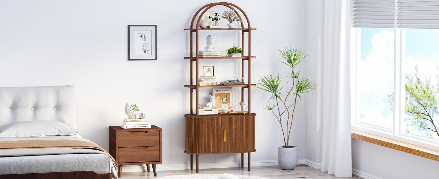 Giratree 71" Tall Fluted Arched Bookshelf with Sliding Tambour Doors, Mid Century Modern Curved Bookshelf Cabinet with Storage, 4-Tier Open Display Storage Shelf for Home Office, Living Room
