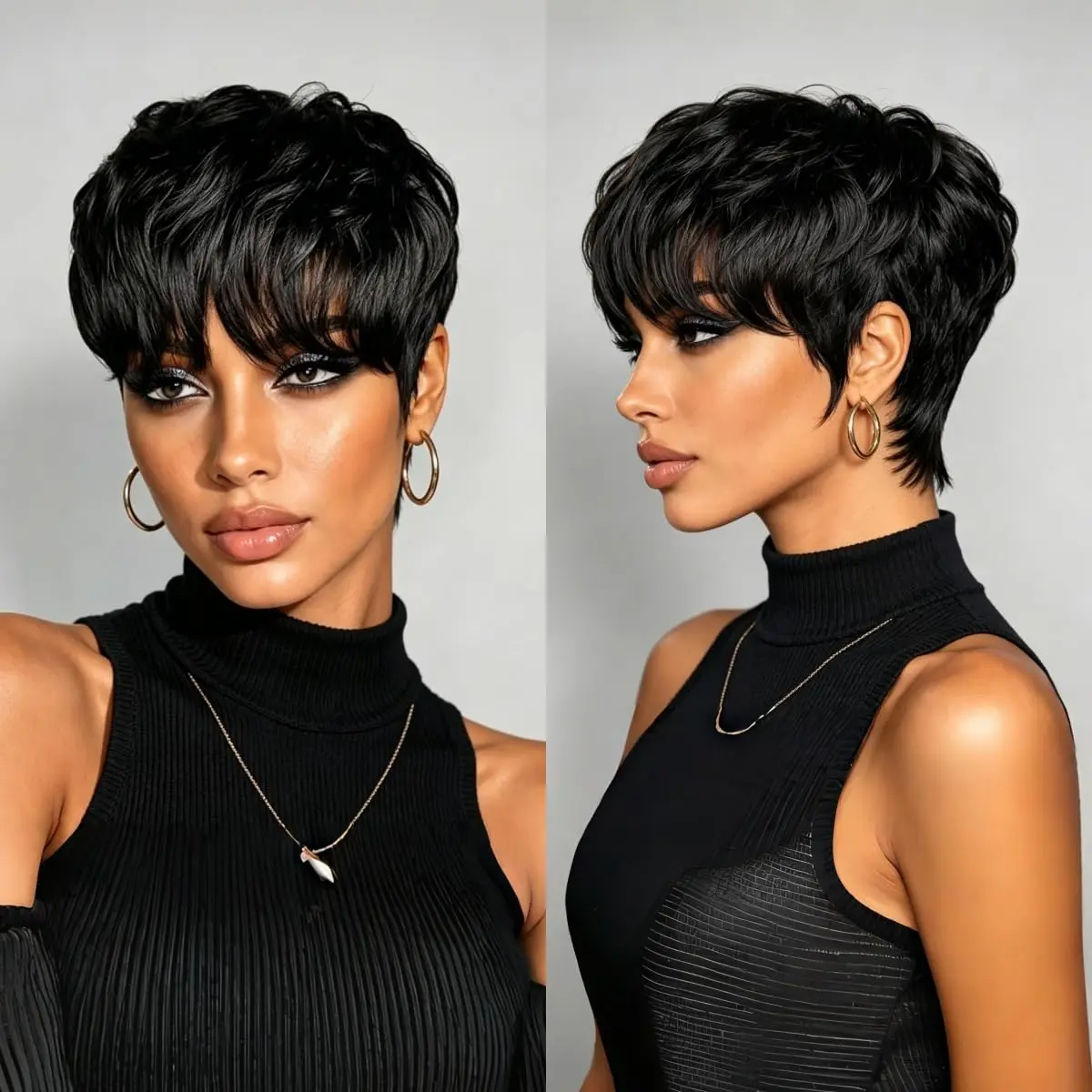 Short Human Hair Wig for Women Pixie Cut Wigs with Bangs Layered Style Glueless Full Machine Made Natural 1B, 4#, 99J Colors for Daily Use Brazilian Virgin Human Hair Wig (1b) upgrade