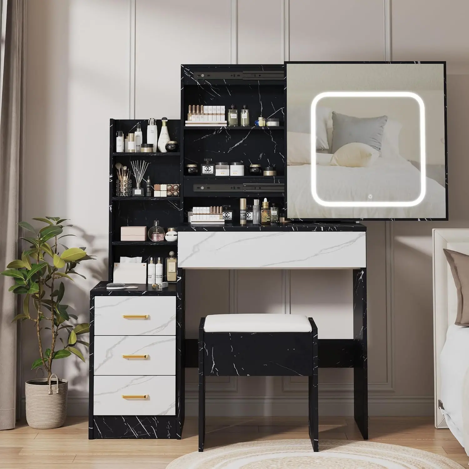 Black & White Marble LED Vanity Desk with Sliding LED Mirror, 4 Drawers, Stool, Power Outlet, Open Shelf, 3-Color Adjustable Lighting, Makeup Dresser for Bedroom Drawer & Makeup Storage Organization