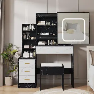 Vanity Desk with Sliding Mirror and Light, Makeup Vanity Set with 4 Drawers, Stool, Power Outlet, Open Shelve, 3 Color Adjustable Lighting, Makeup Dressing Table for Bedroom, Marble-black & White