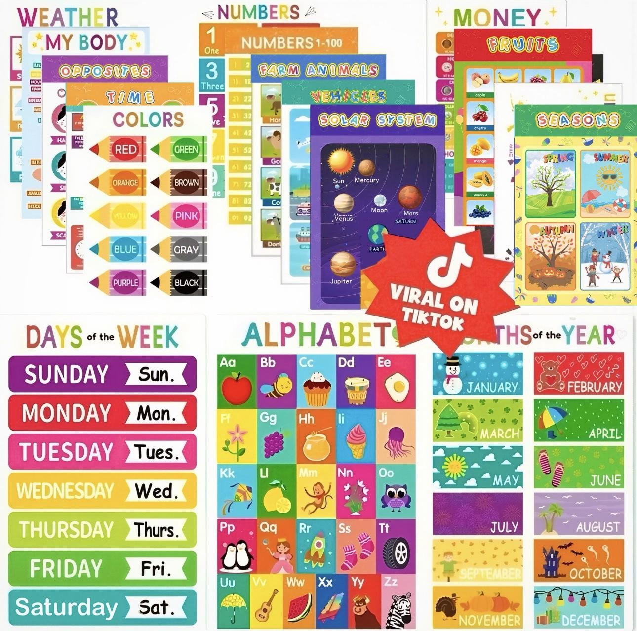 16 Educational Posters for kids 1-3 Laminated Learning ABC Chart Numbers Colors Shapes Days of The Week Preschool Kindergarten Classroom Decor Colorful 16 Educational Posters for kids 1-3 Laminated Learning ABC Chart Numbers Colors Shapes Days of The Week Preschool Kindergarten Classroom Decor Colorful