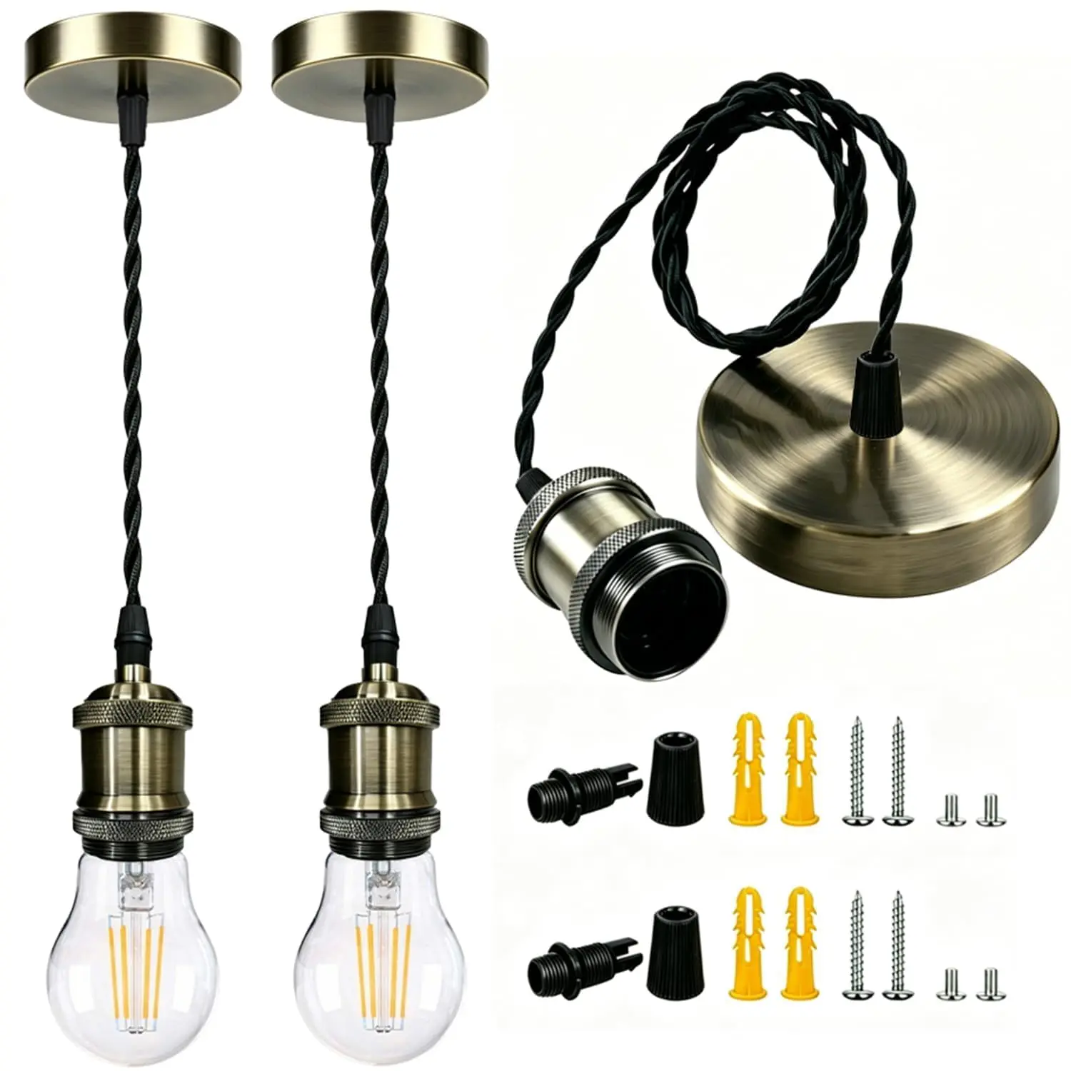 [UL Listed] Fiabtool 2PCS Vintage Brass Finish Pendant Light Kit, E26 Max 60W Lamp Sockets, Adjustable Cord, Plug in/Hardwire, Easy Kit Set Up, Industrial Hanging Ceiling Lamp for Kitchen Island, Hallway