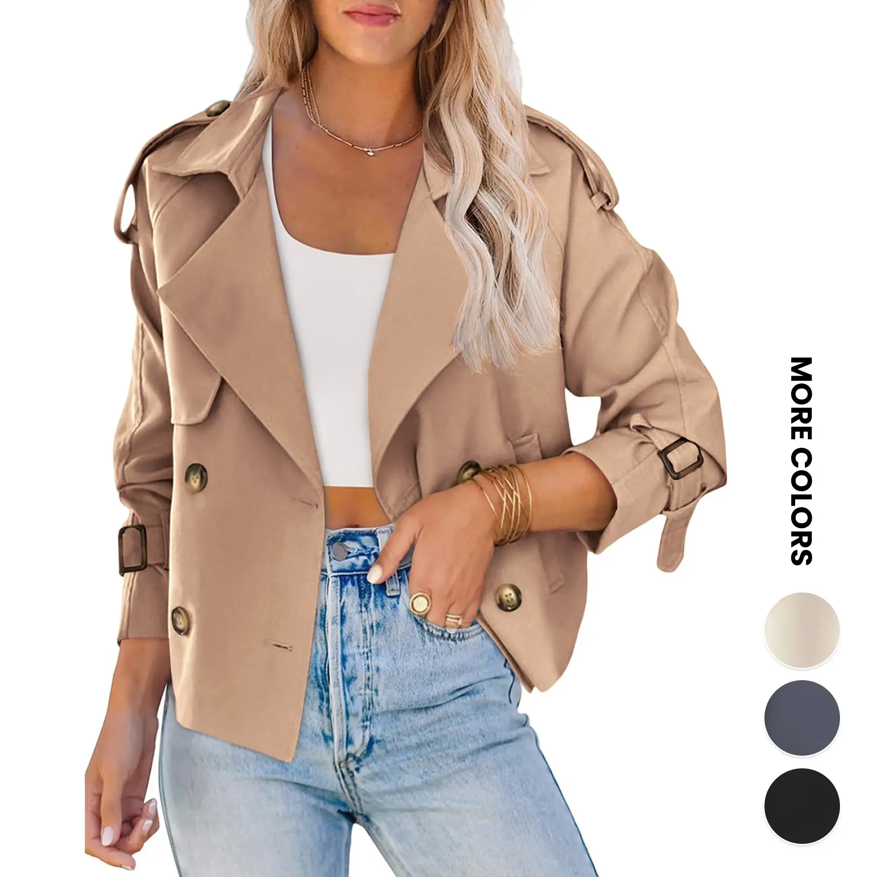 Aswulk Women Crop Double Breasted Trench Coat Raglan Sleeve Work Office Cropped Jacket With Pockets