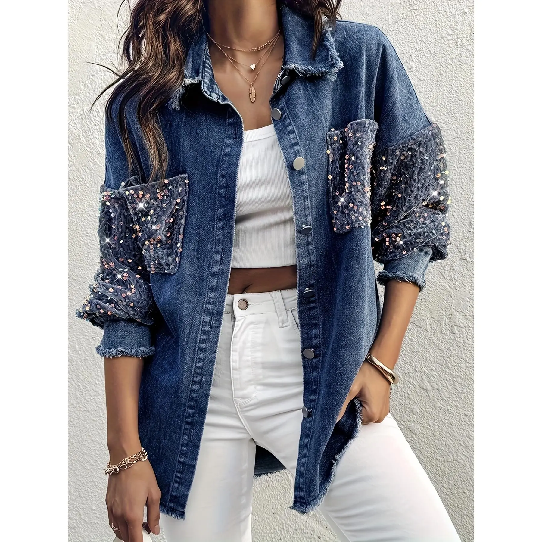 Women's Oversized Contrast Color Lapel Sequin Longsleeve Fringe Hem Denim Outerwear - Casual Solid Sports & Outdoor Coat, Longsleeves, Lady, Knit, Long Coat, Full Sleeves, Jackets, Elastane, Polyester Blend, Knitting, Full Length, Clothes, Stretch Fabric,