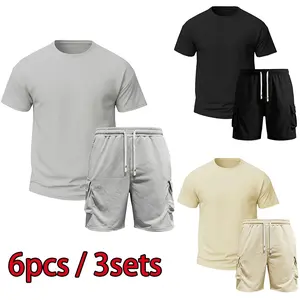 6 Pcs/3 Sets Men's Summer Casual Tropical Outfits, Crew Neck T-Shirts & Shorts, Perfect for Daily Wear, Leisure & Running