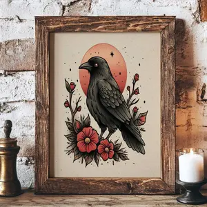 Gothic Crow Art Print | Vintage Raven Floral Illustration | Dark Academia Cottagecore Wall Art | Witchy Bird Decor | Vintage Tattoo Styler