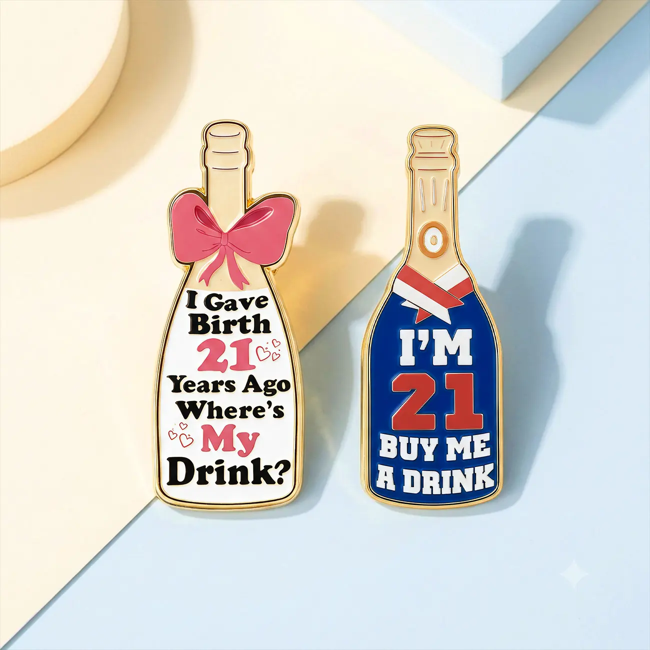 Funny 21st Birthday Party Button Pin Brooch - "I Gave Birth 21 Years Ago Where's My Drink" - Fashion Clothing Accessory for Women Party Decor Supplies Gift
