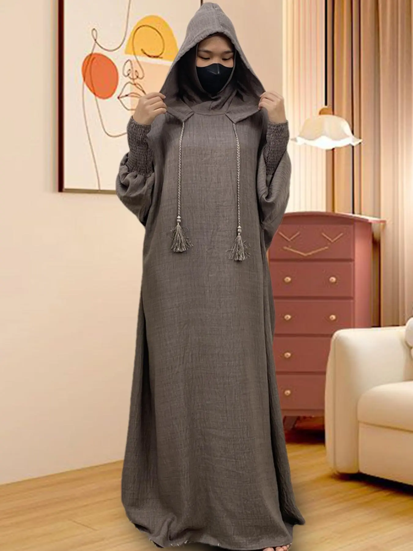 Women's Solid Double Hooded Modesty Islamic Abaya without Hijab, Modest Muslim Outfits, Modesty Muslim Clothing, Elegant Islamic Clothing, Casual Long Sleeve Open Front Long Dress for Daily Wear, Ladies Sleepwear & Loungewear for All Seasons