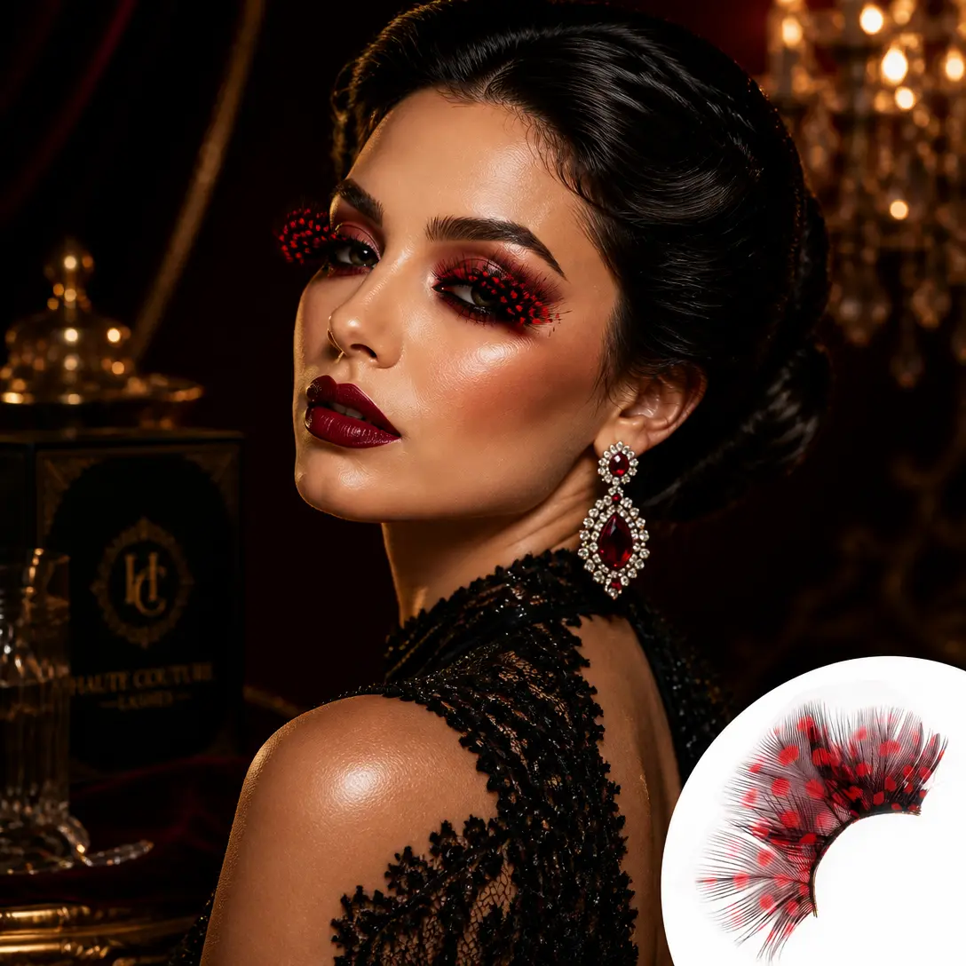 Dorisue Feather False Lashes, Red and Black Dot Pattern, D Curl, Reusable Gothic Makeup for Cosplay & Editorial Photography, Alternative Fashion, Adults, Synthetic Fiber, Thin, Lash Extensions, Eyelashes Extensions