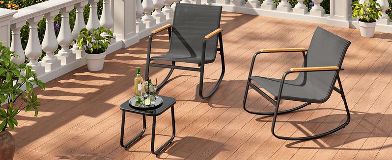 Gizoon 3 Piece Rocking Bistro Set, Textilene Fabric Patio Furniture Set, Front Porch Rocker Chairs with Coffee Table for Lawn, Garden, Balcony, Poolside (Black)