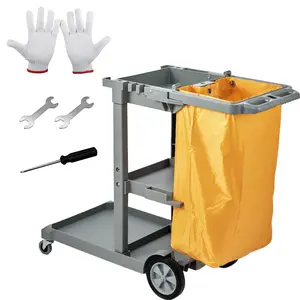 VEVOR Cleaning Cart,  3-Shelf Commercial Janitorial Cart, 200 lbs Capacity Plastic Housekeeping Cart, with 25 Gallon PVC Bag, 47" x 20" x 38.6", Yellow+Grey