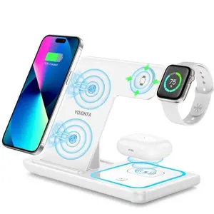 Three-in-One Wireless Charging Stand, suitable for iPhone 16, 15, 14, 13, 12, 11 X, Apple Watch 8, 7, Airpods. It is a base with a foldable design and fast charging function, suitable for electronic smartphones. Black/White Foldable Version