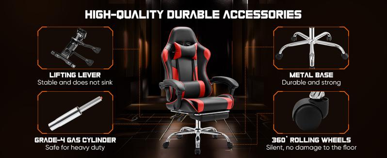 Ergonomic Gaming Computer Chair with Footrest, PU Leather Recliner with Headrest, Fixed Up Armrest, Height Adjustable with 360° Swivel
