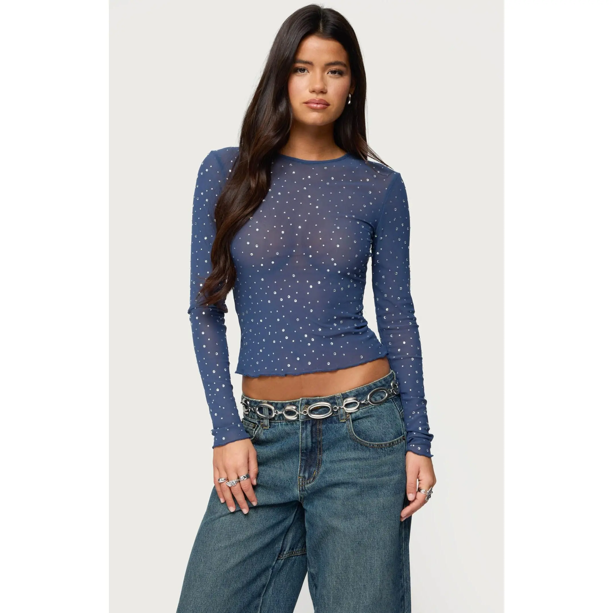 Edikted Women's Anari Rhinestone Mesh Top