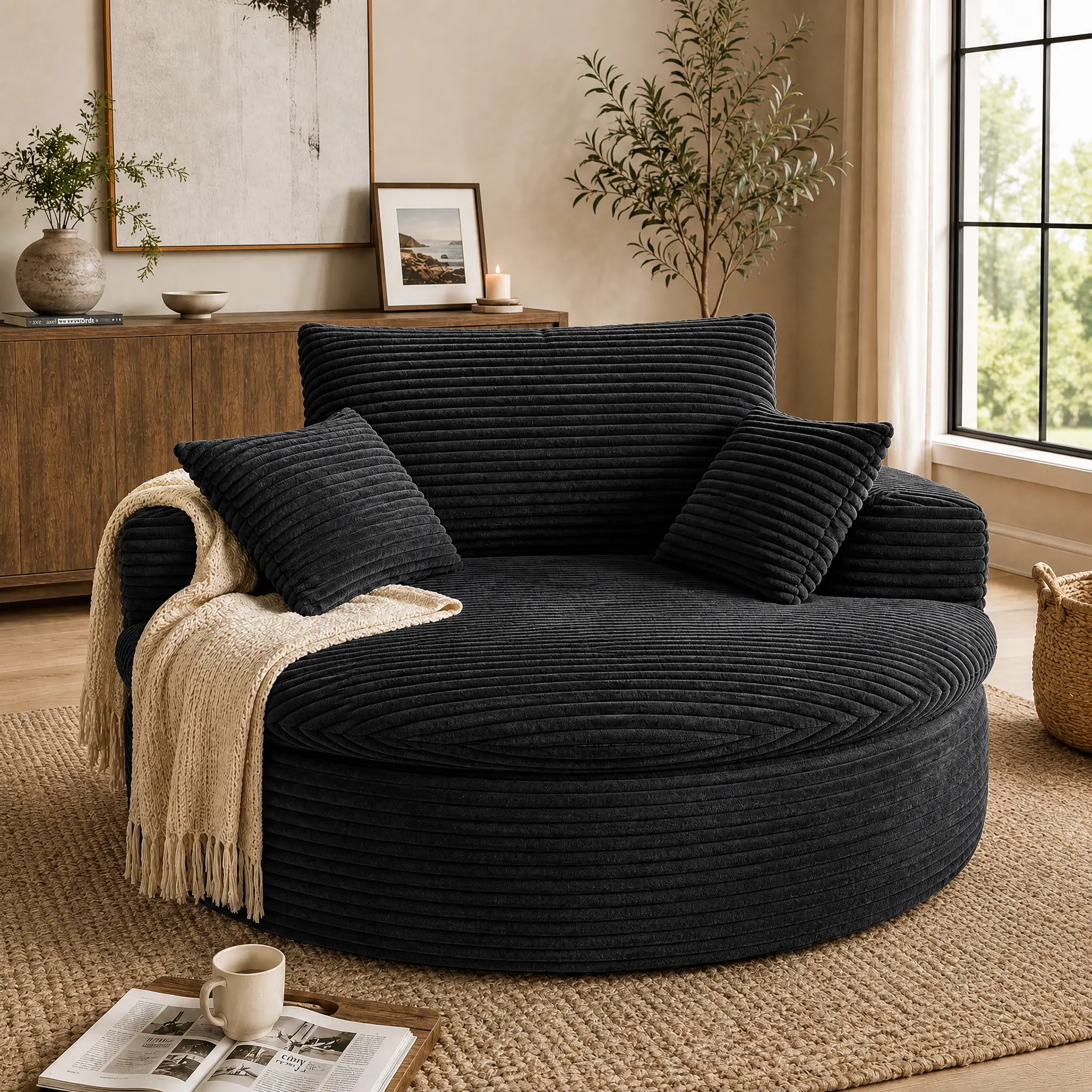 59'' Round Corduroy Lounge Chair with Pillows, Deep Seat Upholstered Accent Chair for Living Room & Bedroom