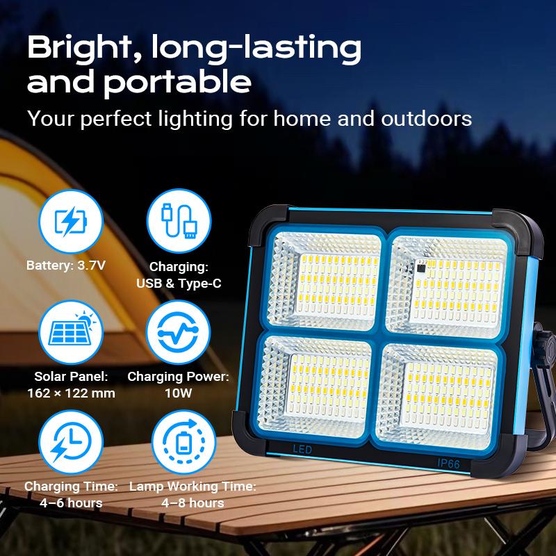 【Buy 1 Get 1 Free】Solar Rechargeable LED Work Light, 288 Super Bright 5730 Beads Floodlight with USB & Type-C Charging, 5 Lighting Modes, Waterproof IP66 Portable Lamp for Camping, Fishing, Emergency & Outdoor Use