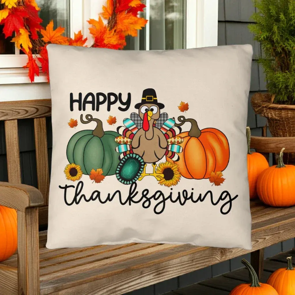 Happy Thanksgiving Turkey Pillow – Fun Fall Pumpkin & Sunflower Cushion – Indoor/Outdoor, 3 Sizes